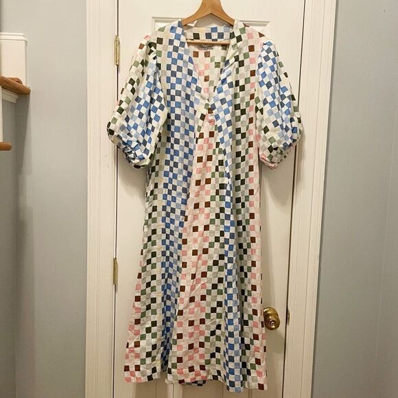 LJC Designs Charlotte Dress Multi Check 100% Linen Size M - Picture 2 of 7